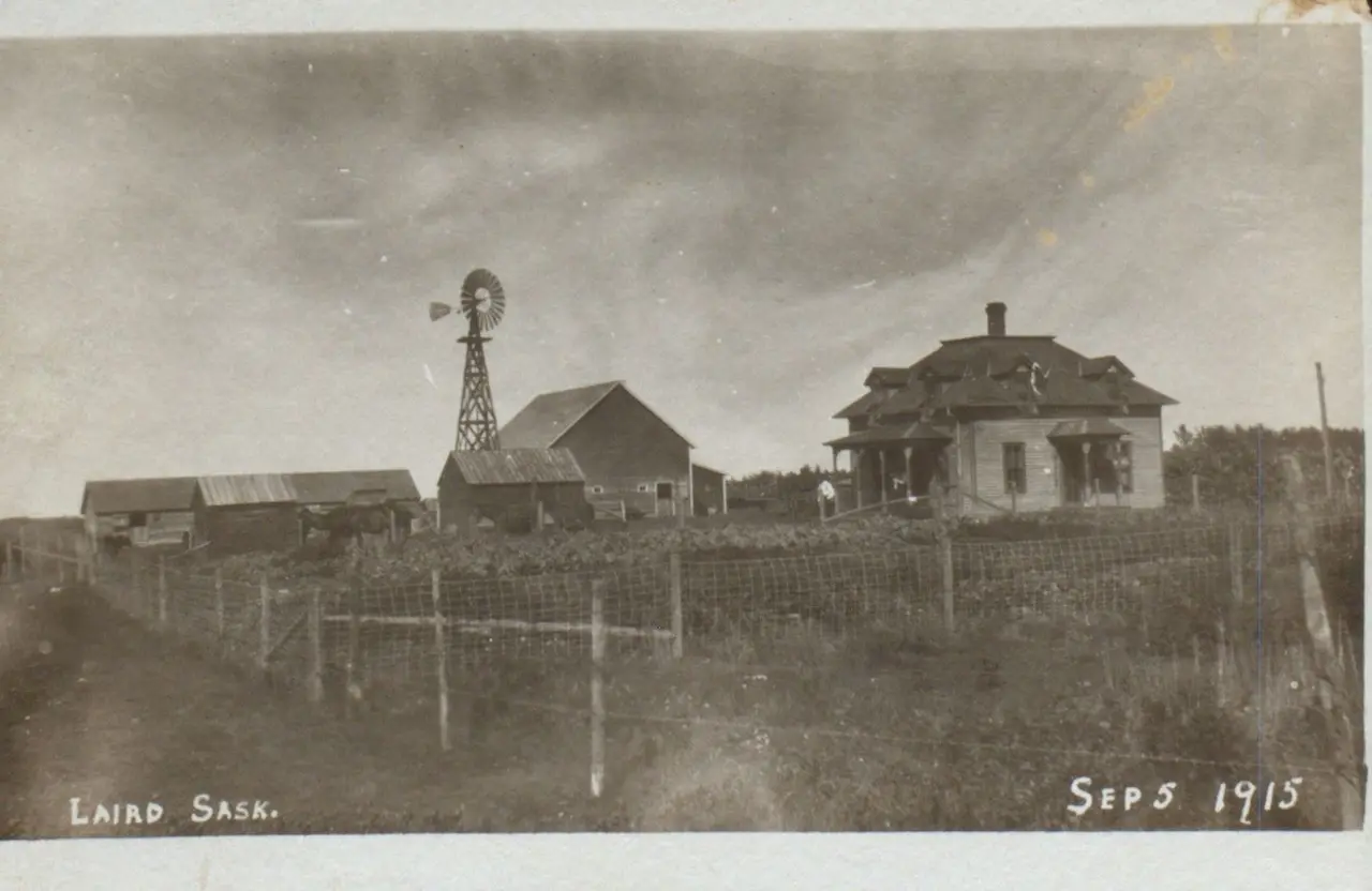 Farmstead with windmill and house, Laird, September 5, 1915